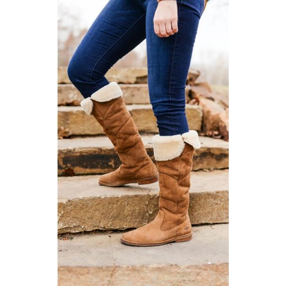 UGG Sibley Knee Tall Sheepskin Lined Suede Camel Brown Boots Women Sz 8.5 - Picture 2 of 14